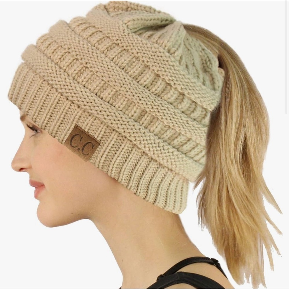 C.C Cream Slouchy Knit Beanie Hat with Ponytail Opening